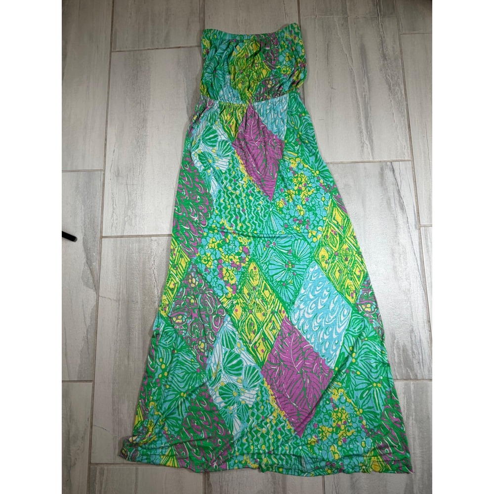Lilly Pulitzer Strapless Maxi Dress Small Green Pink Tropical Patchwork Jersey